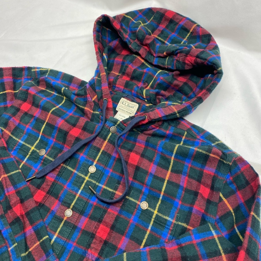 L.L Bean Men's L Slightly Fitted Button Snap Plaid Long Sleeve Hooded Sweatshirt